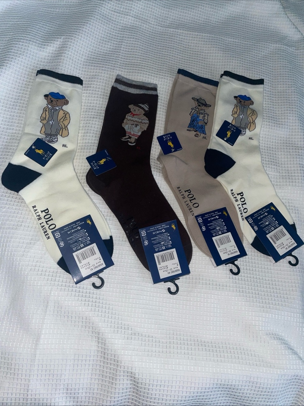 4 pairs Polo by Ralph Lauren Bear Crew Socks - White, Navy, Brown & Tan